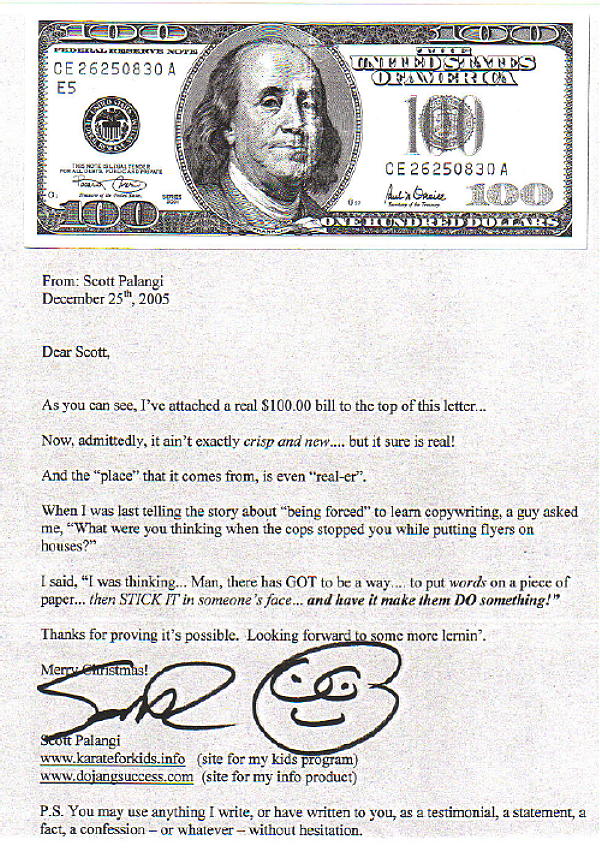 Scott Palangi Letter With Live $100 Bill